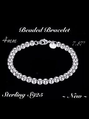 Highly Polished Sterling 925 Stamped 4MM Beaded Bracelet  ~New~